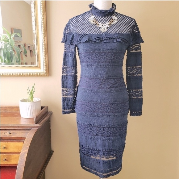 Bebe Navy Blue Mixed Media Lace Midi Mesh Ruffle Collar Cocktail Dress Size M - Picture 3 of 11